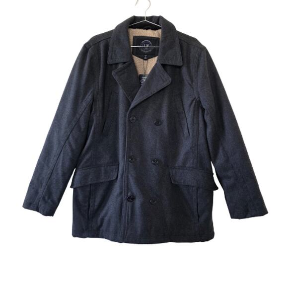 Urban Republic Charcoal Peacoat Jacket Sherpa Lined Double Breasted Men Size L - Picture 1 of 13
